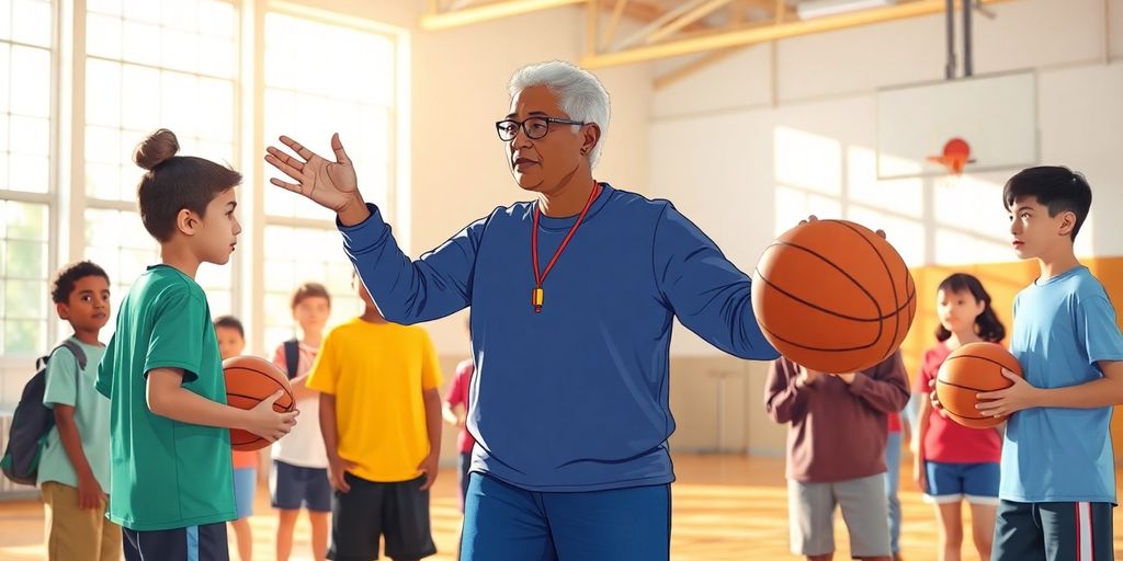Teacher with students playing basketball.
