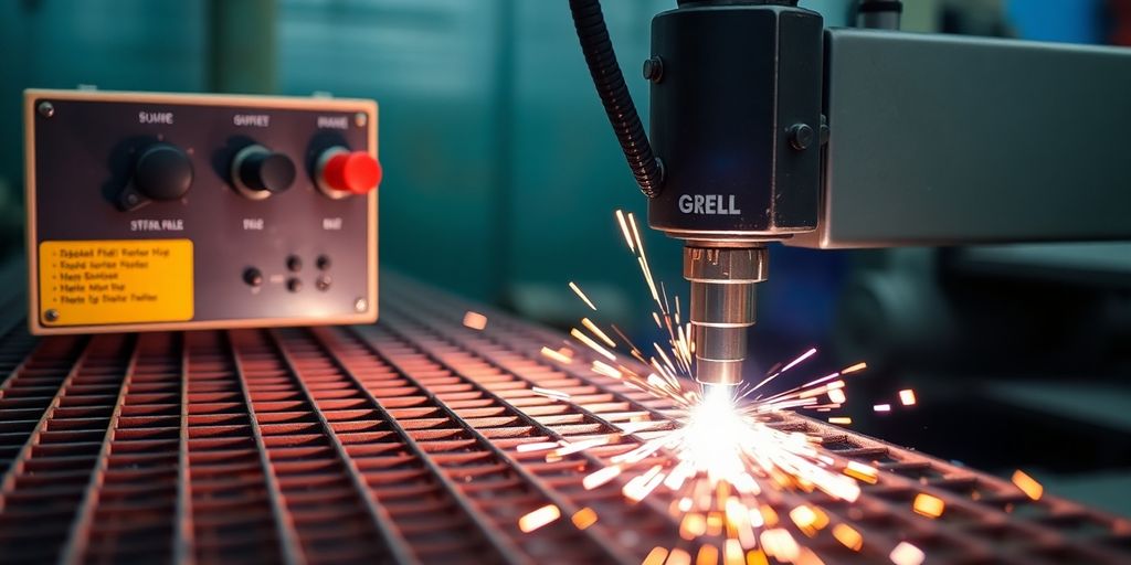 Mesh welding machine in action with sparks flying.