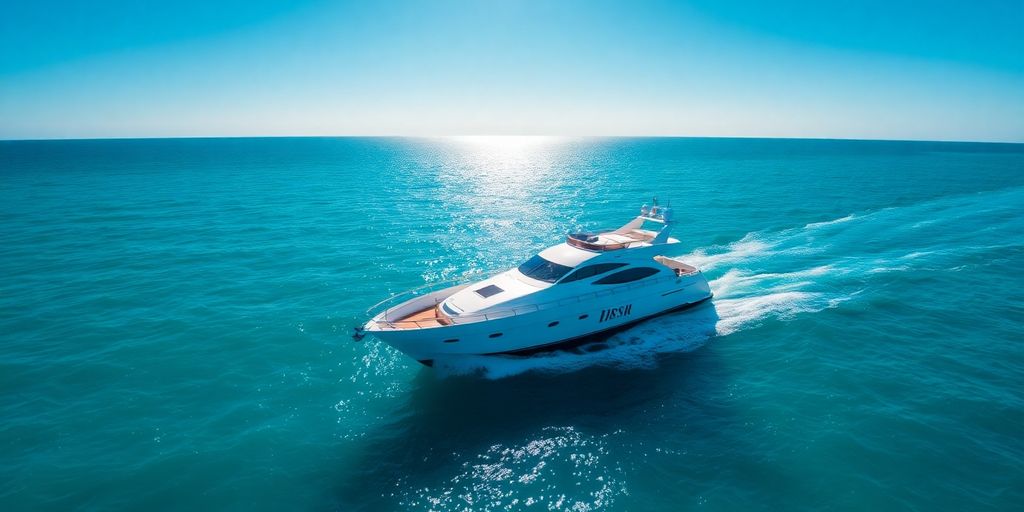 Luxury yacht sailing on calm blue ocean waters.
