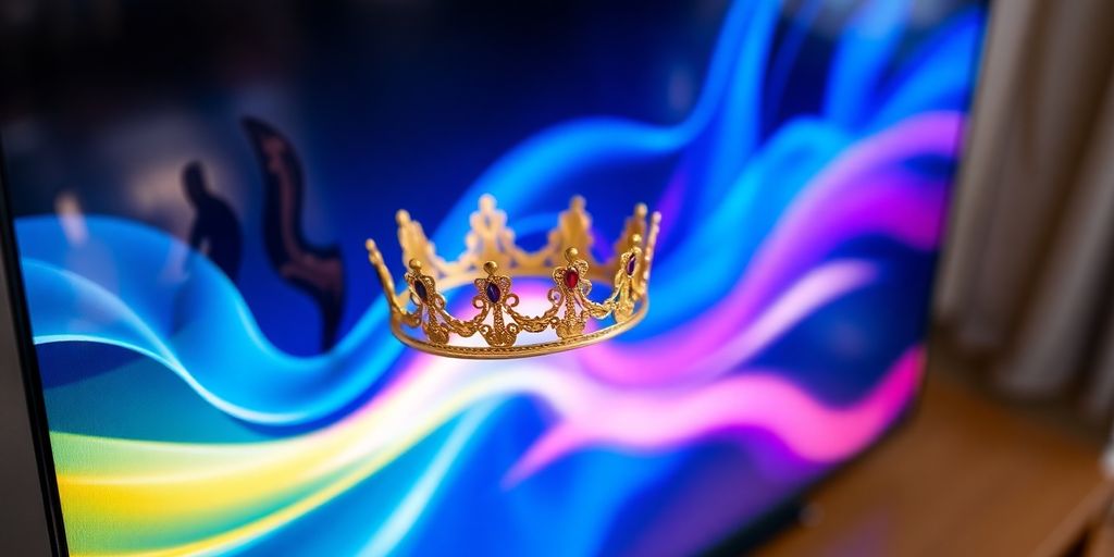 Crown on TV screen, streaming content.