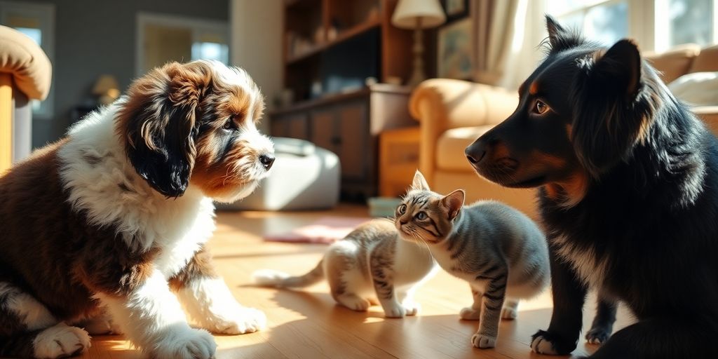 Bernedoodle puppy meeting a cat and dog.