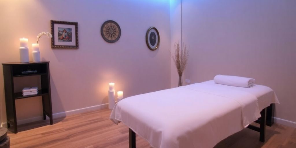 Masaj masası ve rahatlatıcı atmosfer.
