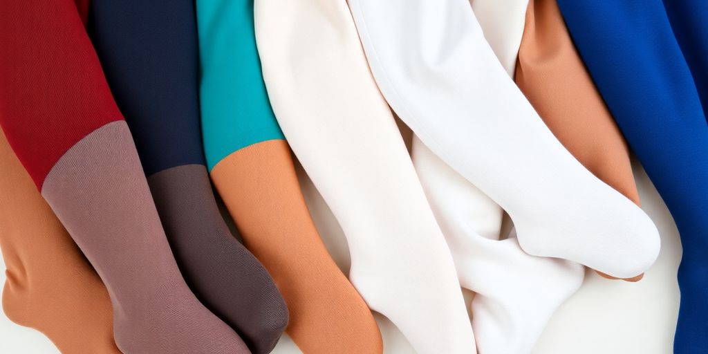 Various styles of medical stockings displayed neatly.