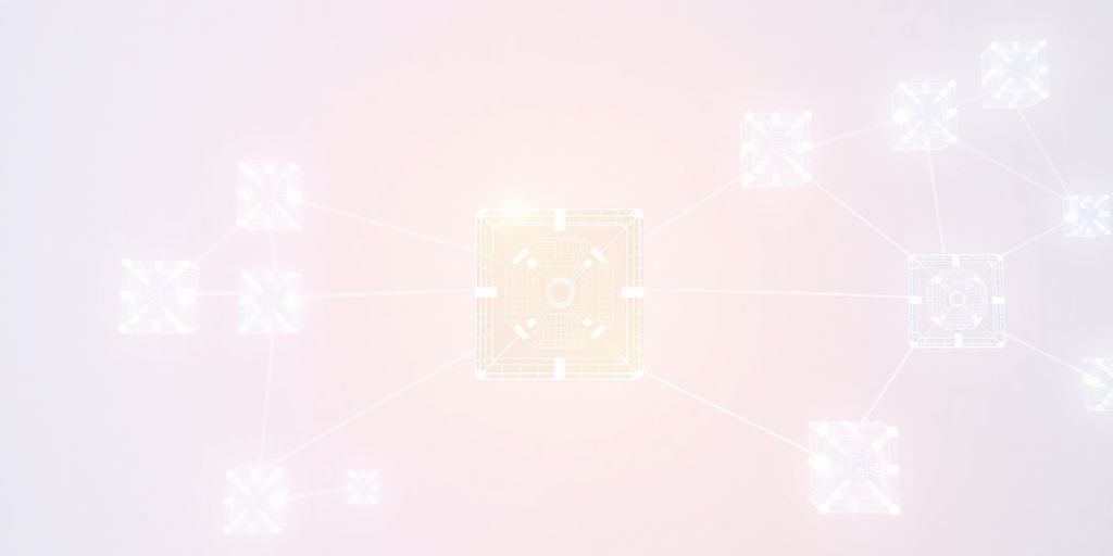 Interconnected digital blocks with glowing pathways.