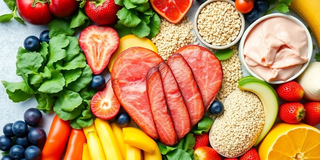 Colorful arrangement of heart-healthy foods like fruits, vegetables, and fish.