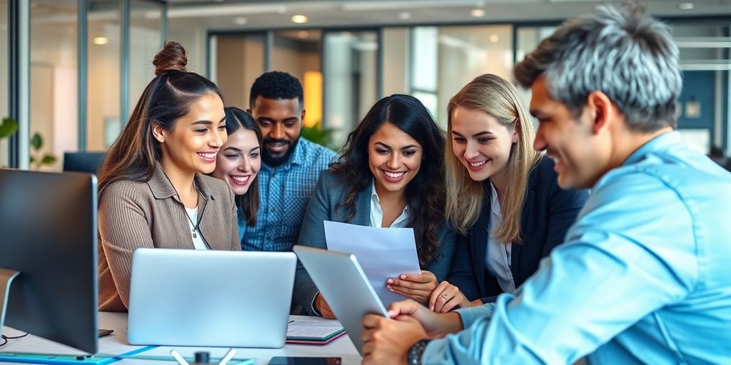 Team of professionals working together in a modern office.