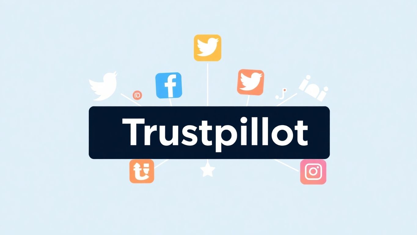Illustrasjon av sosiale medier og Trustpilot-logo.