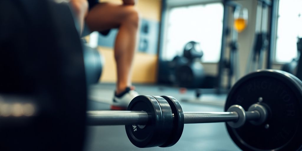 Barbell on gym floor with drink in background.