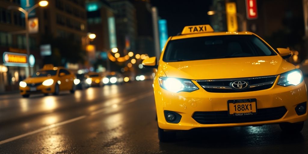 Yellow cab driving at night in Dallas-Fort Worth.