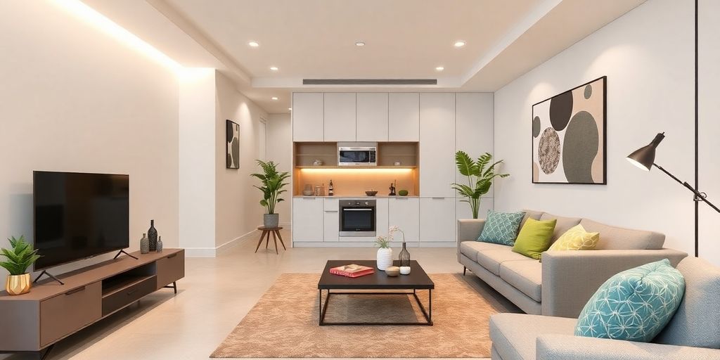 Modern small living room with integrated technology and style.