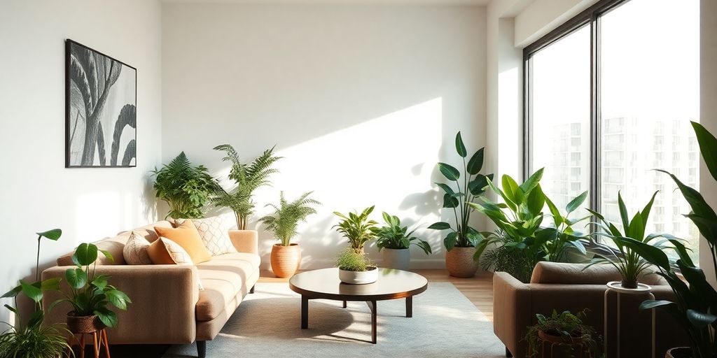 Serene living room bathed in natural light with plants.