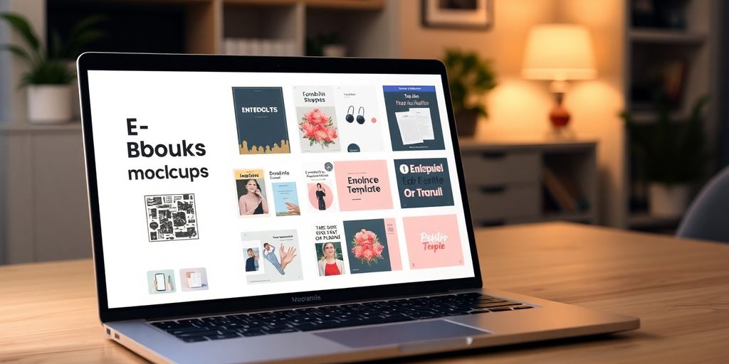 Laptop with digital product mockups.