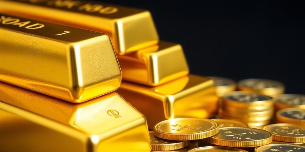 Lingots d'or et une pile de pièces d'or brillantes.