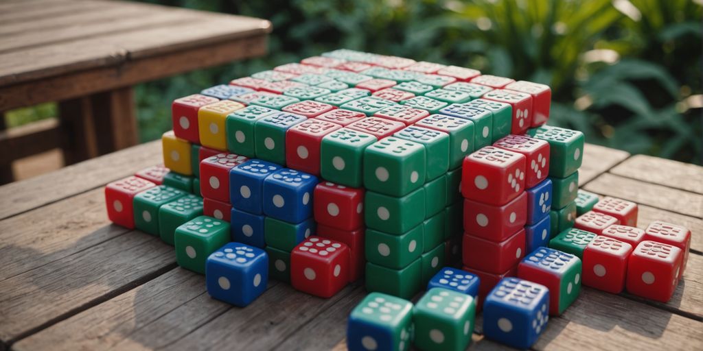 Large Mahjong tiles on a wooden table outside.