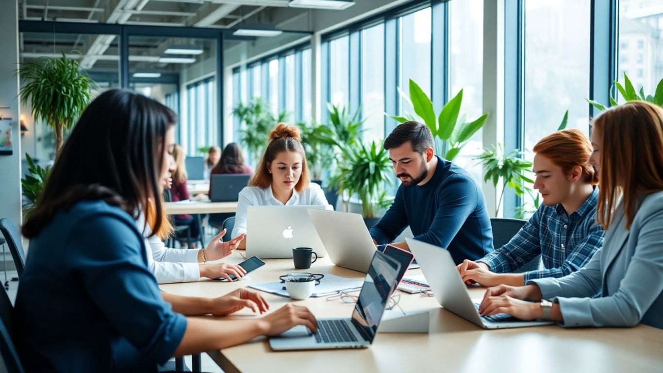 Moderne Büroangestellte arbeiten gemeinsam an digitalen Geräten