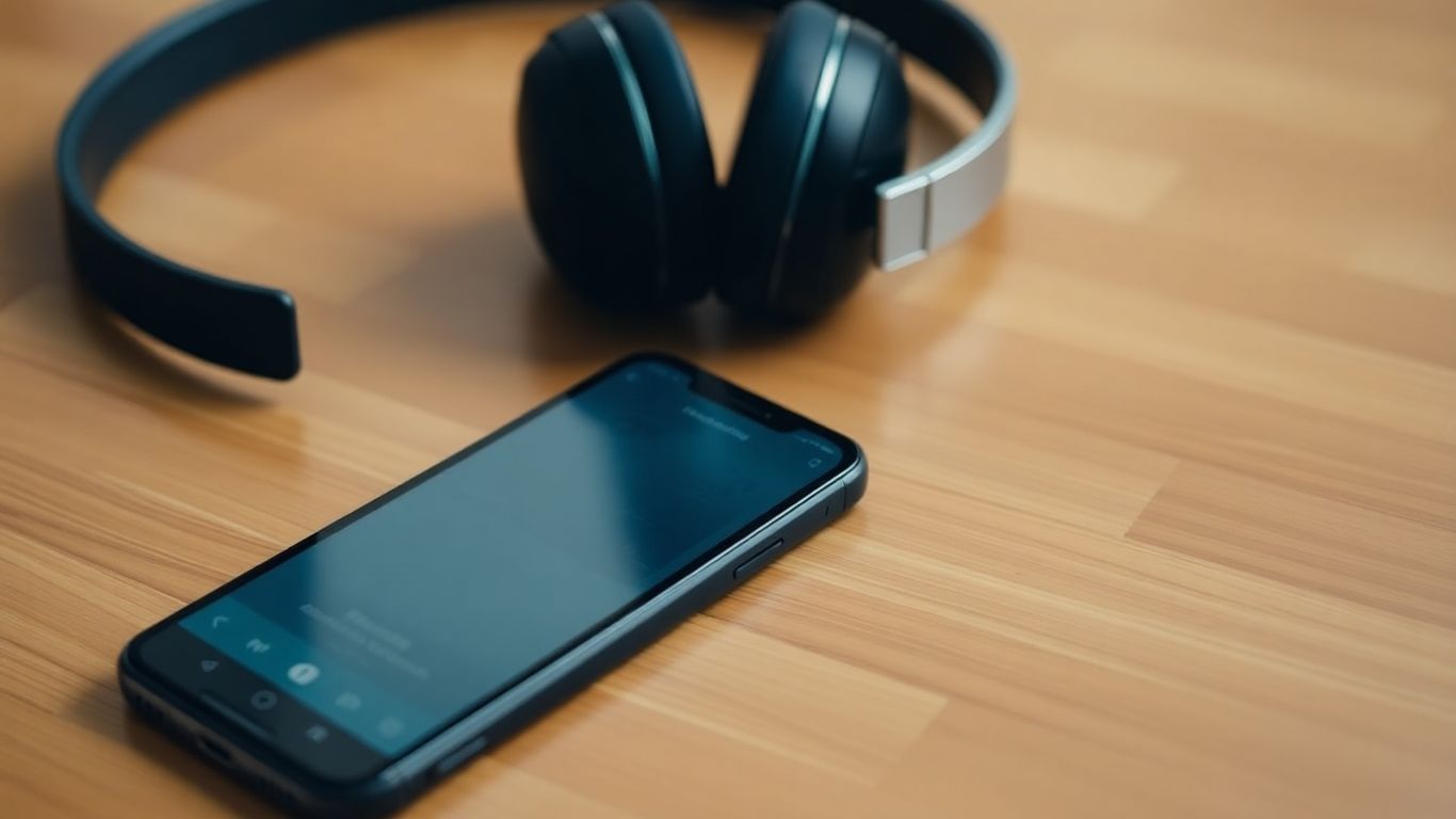 Phone with Spotify playlist and headphones on table