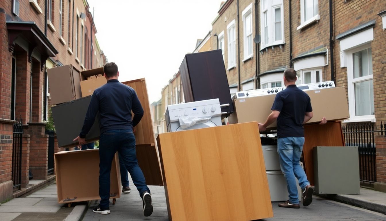 Movers clearing bulky items from a London home.