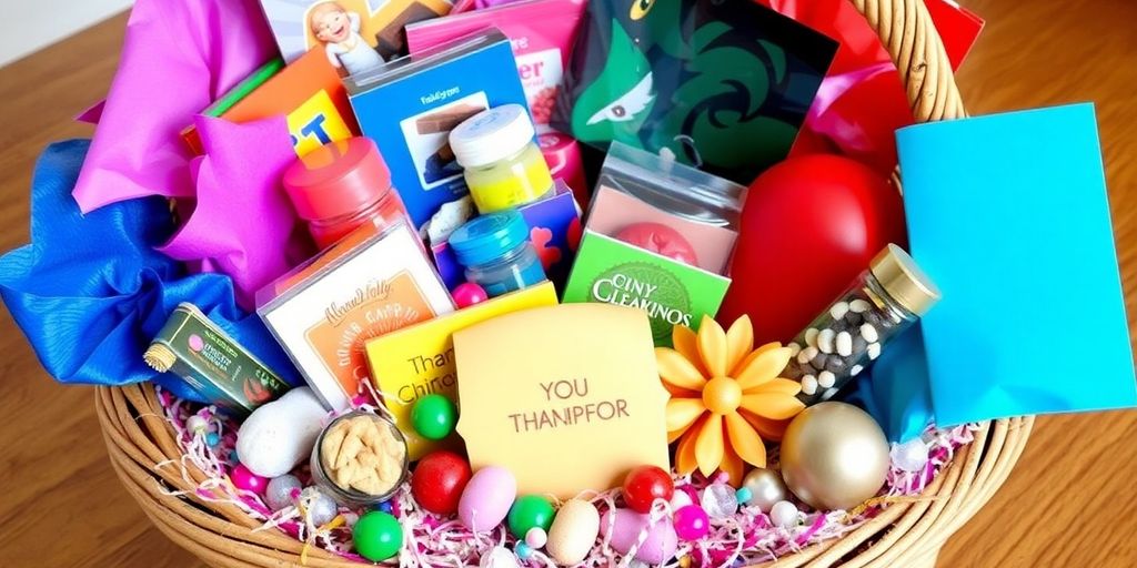 Beautifully arranged gift basket with colorful items.