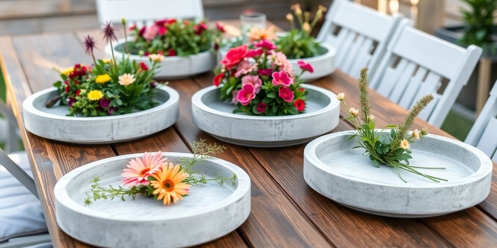 Outdoor table with concrete circular trays and flowers.