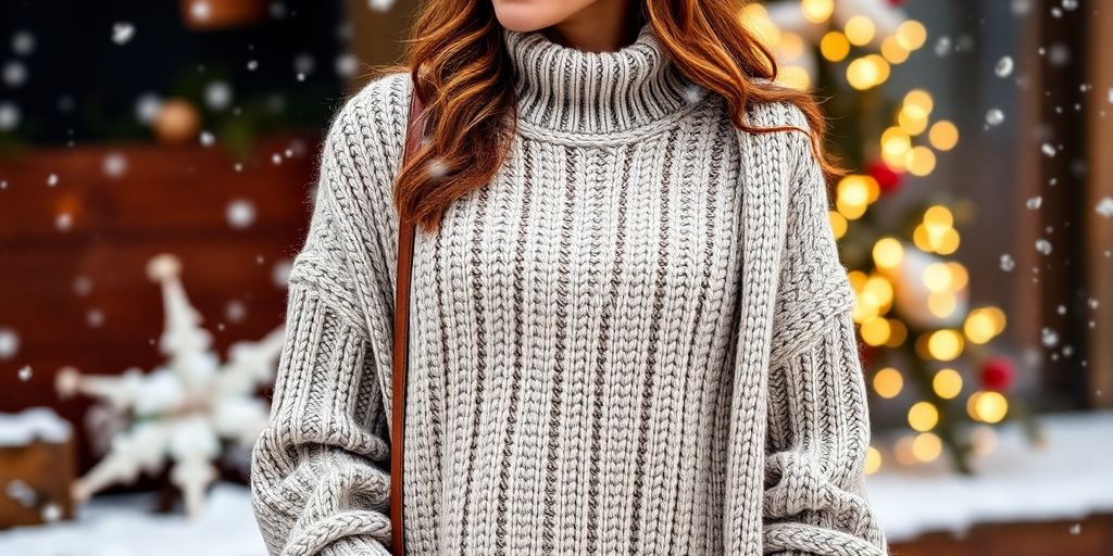 Woman in sweater dress with winter accessories in snow.