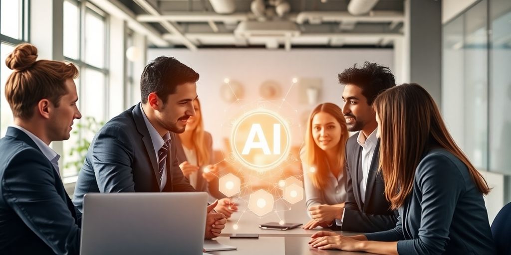 Poslovni ljudi koriste AI tehnologiju za saradnju.