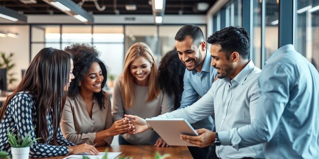 Professionals collaborating in a modern office