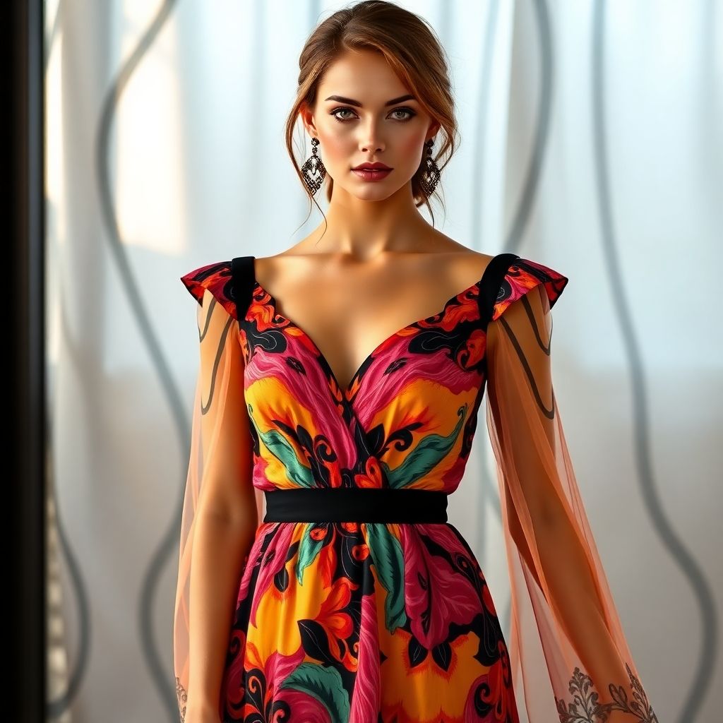 Model in a vibrant dress against a stylish background.