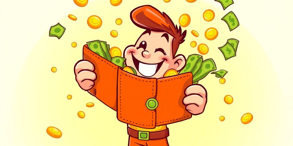 Cartoon person happily receiving money instantly.