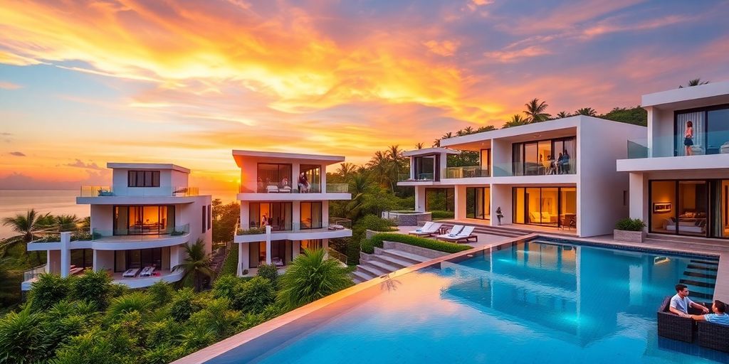 Luxury properties on Phuket beach, diverse buyers enjoying tropical paradise.