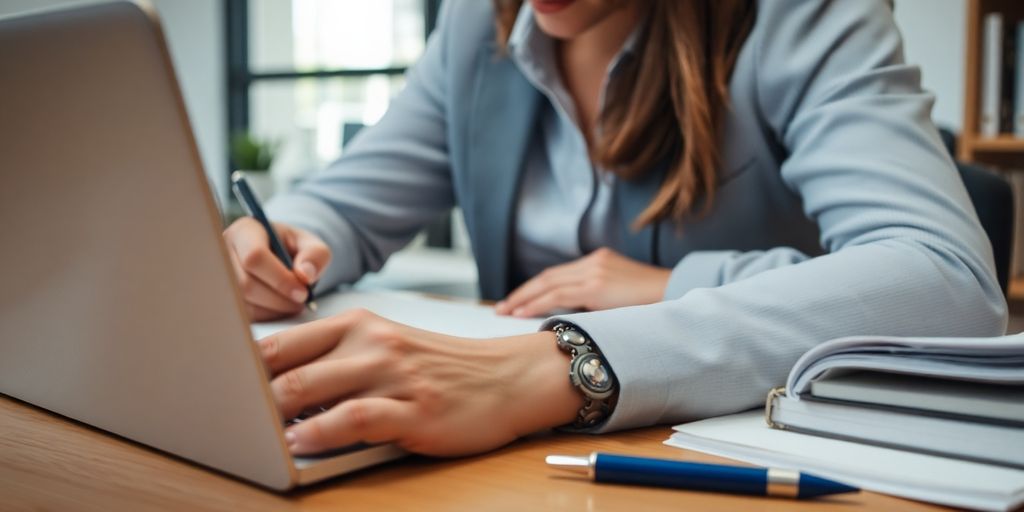 Professional translator focused on document translation at desk.