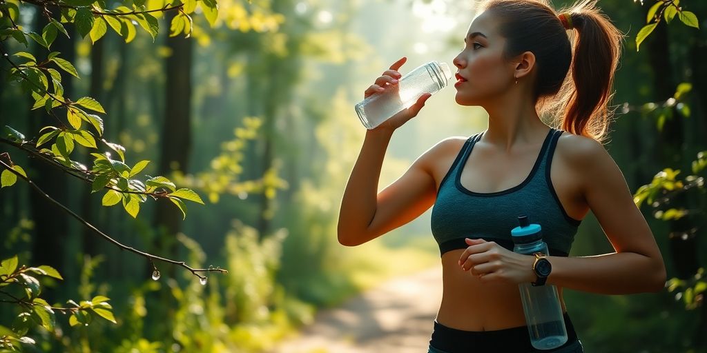 Woman drinking water from bottle during forest morning trail run