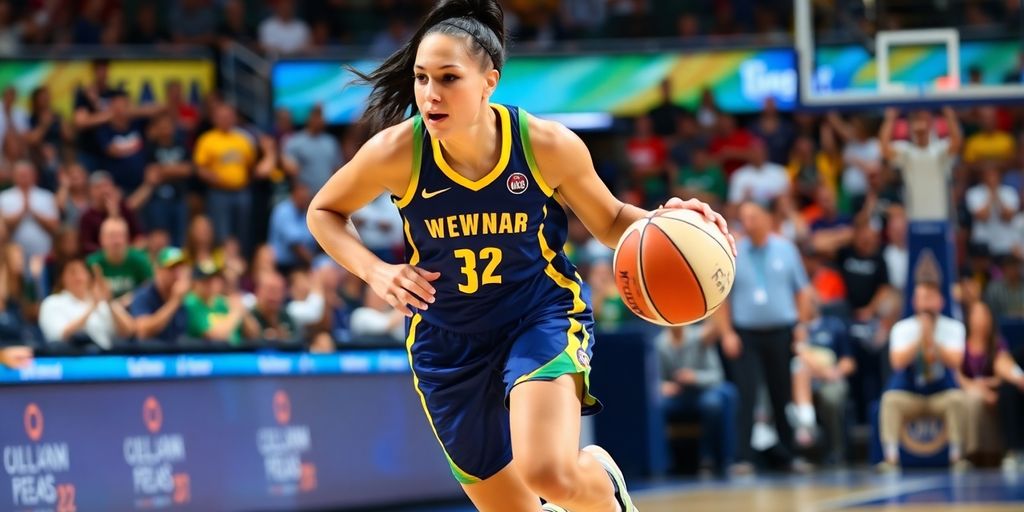 Breanna Stewart dribbling basketball during a WNBA game.