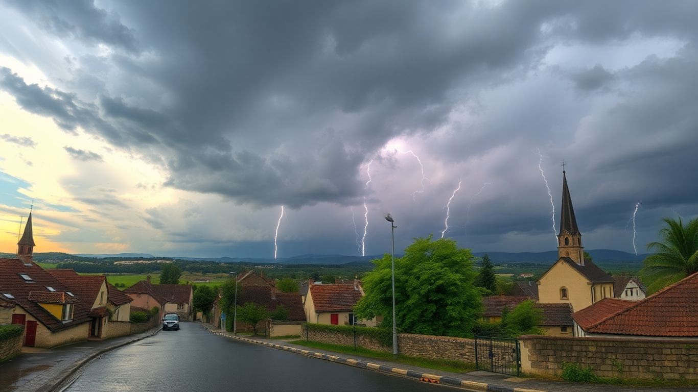 Éclairs frappant un village français sous un ciel d’orage sombre.