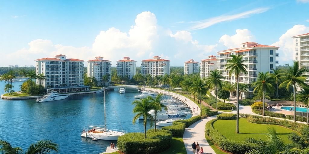 Vibrant Aventura waterfront apartments with palm trees and greenery.