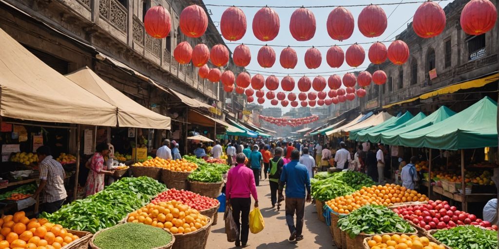 Market with chia seeds and vendors.