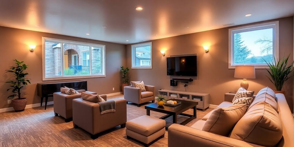 Finished basement with stylish furniture and natural light.