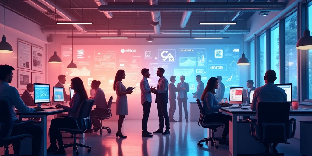 Profissionais de marketing digital em ambiente moderno e colaborativo.