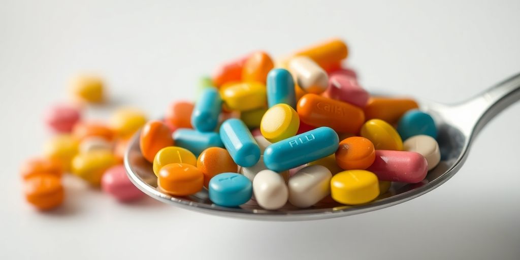Colorful folic acid pills on a spoon.