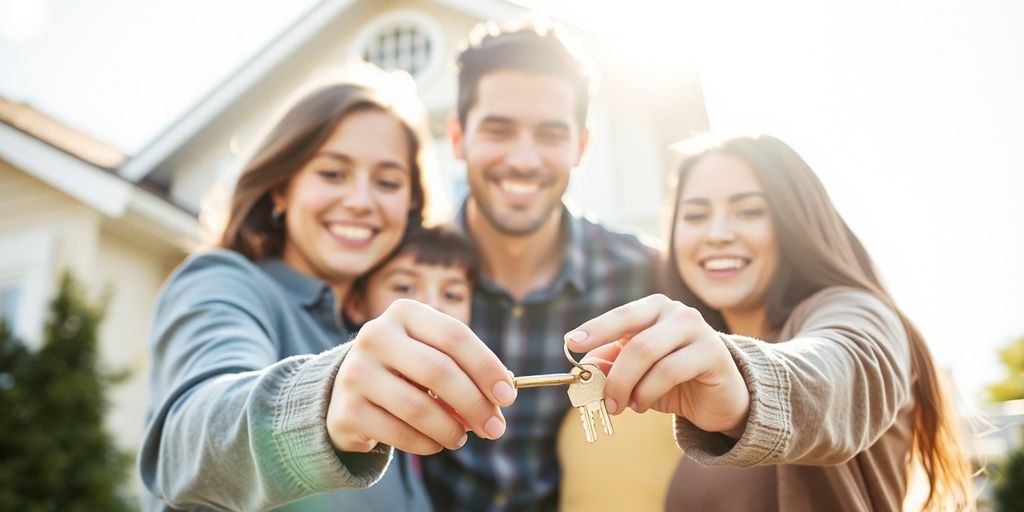 Familia sonriente recibiendo llave de casa nueva.