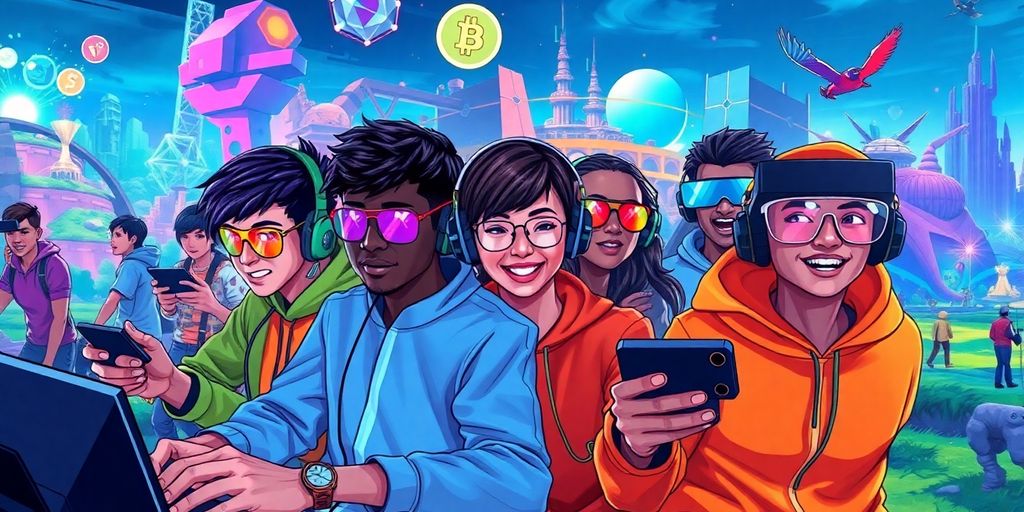 Gamers in a vibrant virtual world with blockchain elements.