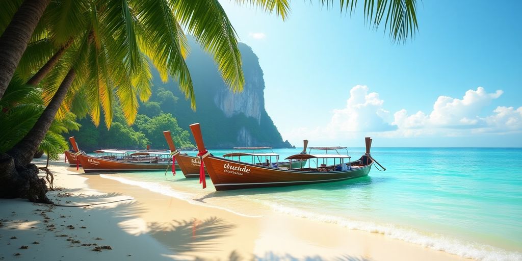 Hyper-realistic Thai beach with palm trees and boats.