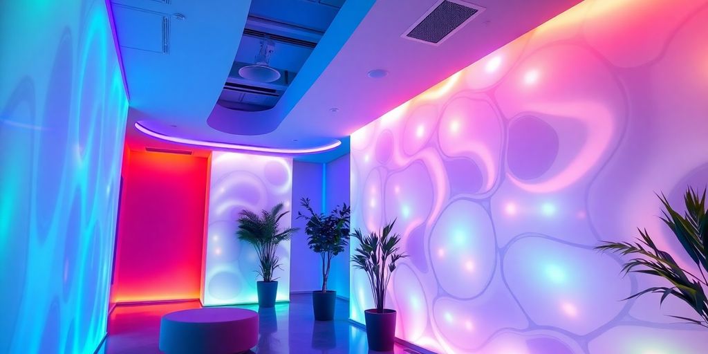 Bright LED lighting wall enhancing modern interior aesthetics.