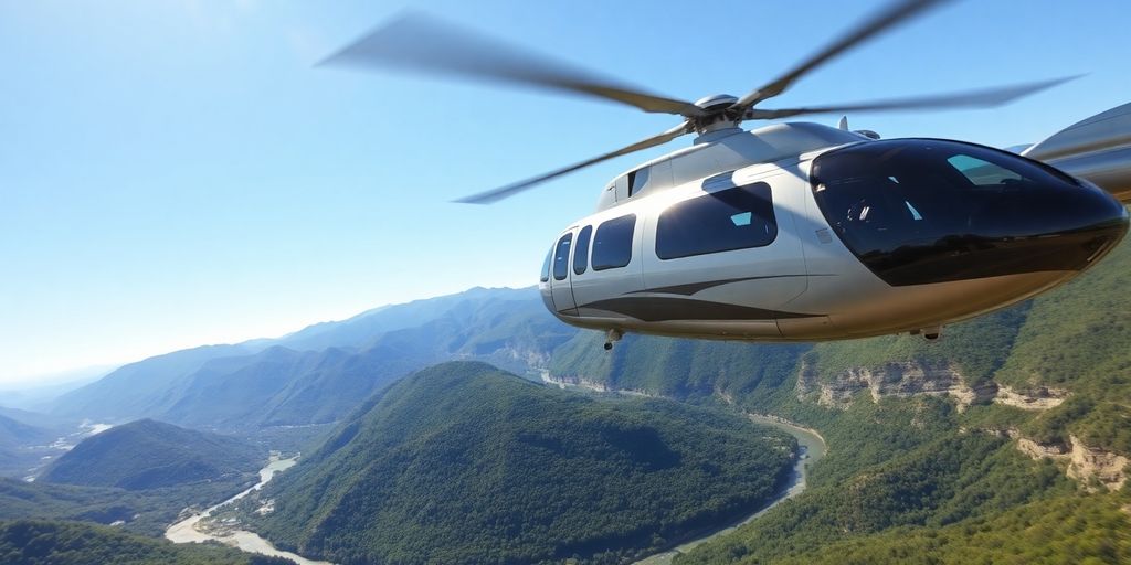 Helicopter flies over a vibrant, green landscape.