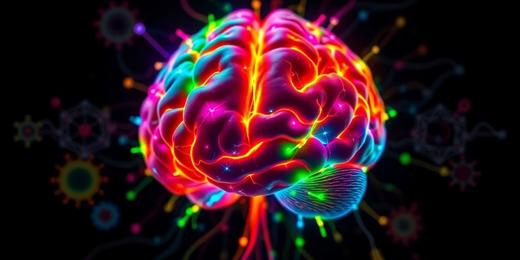 Colorful illuminated brain with neural connections and patterns.