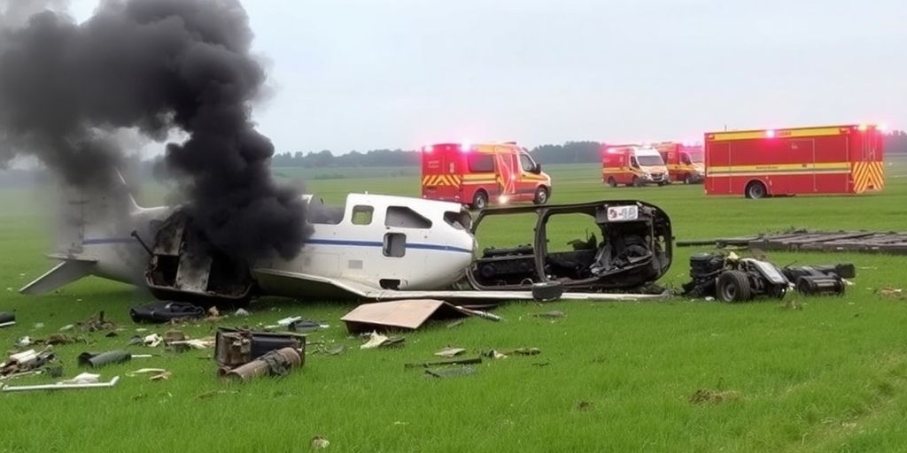 Épave d'avion accidenté dans un champ, fumée s'élevant