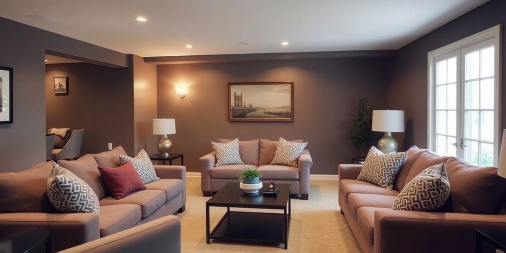 Modern basement living room with comfortable seating and warm lighting.