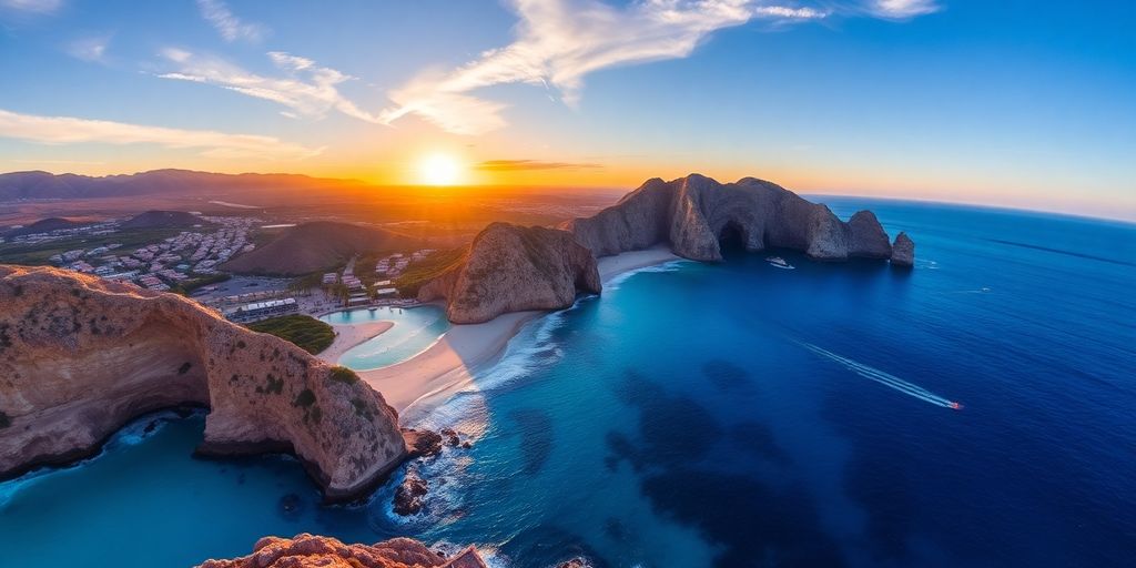 Vibrant Cabo San Lucas beach with turquoise waters and sunset.