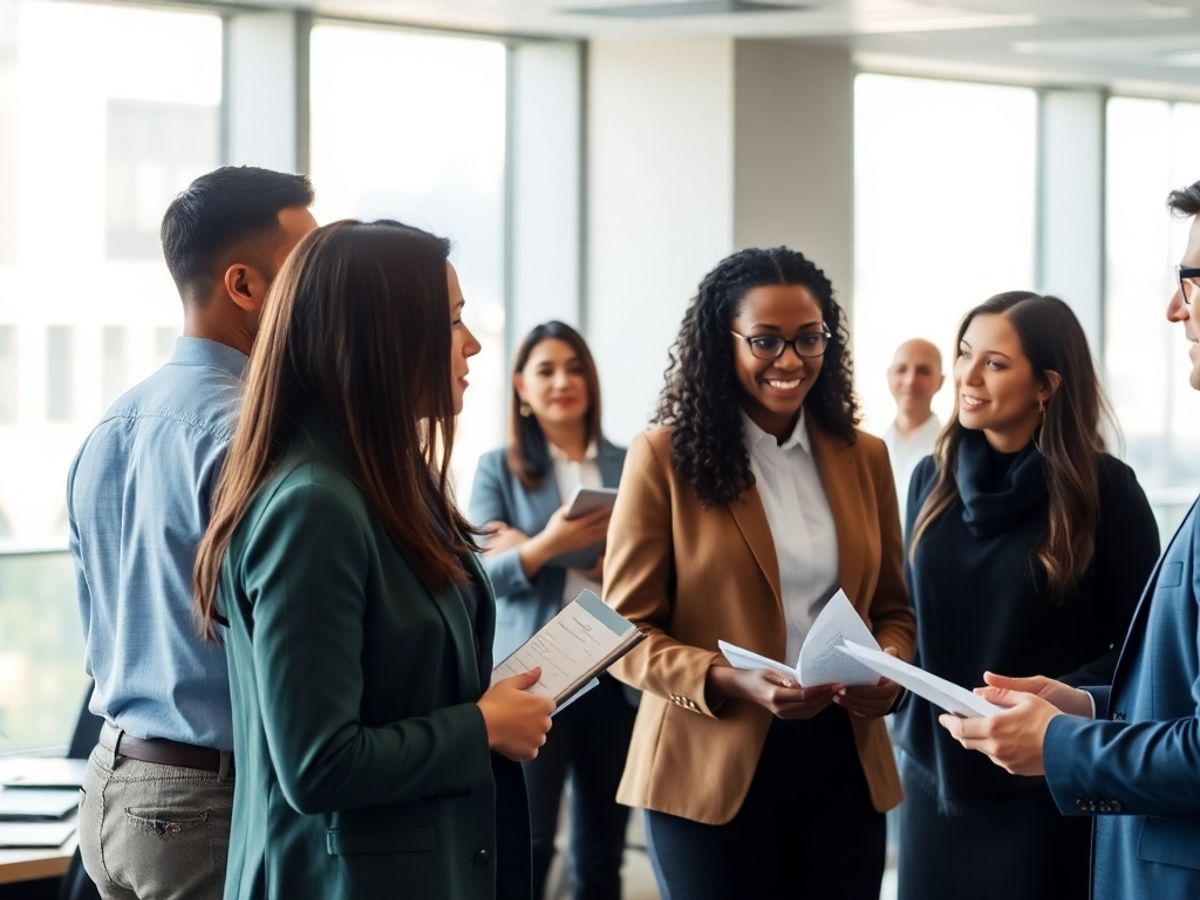 Birou administrativ modern cu profesioniști diversificați.