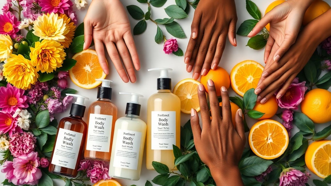 Body wash bottles with flowers, fruits, and diverse hands
