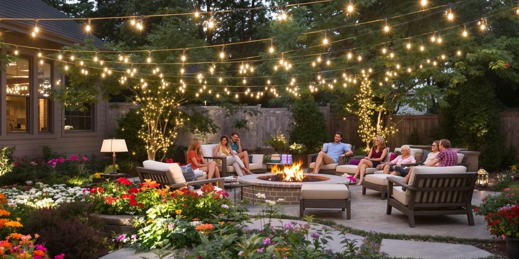 Backyard patio with string lights and fire pit at dusk.